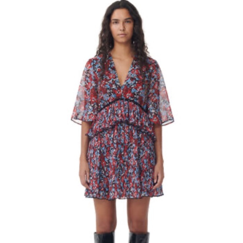 BNWT Ganni RED PLEATED GEORGETTE V-NECK SMOCK MINI DRESS